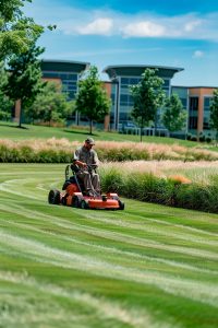Landscaped commercial property with fresh mulch and trimmed beds