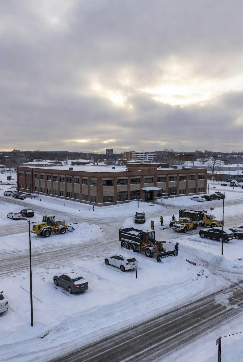 Snow removal service clearing a commercial lot after a storm