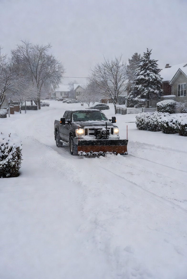 Snow plow truck clearing a commercial parking lot in Western New York