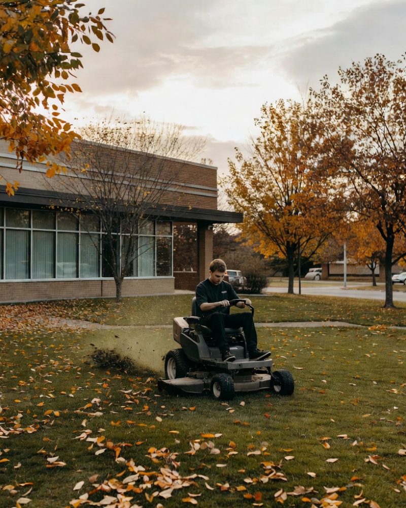 Riding mower performing fall mowing before seasonal cleanup