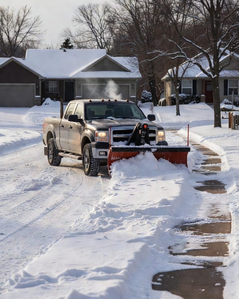 Seasonal snow plowing service clearing a residential driveway