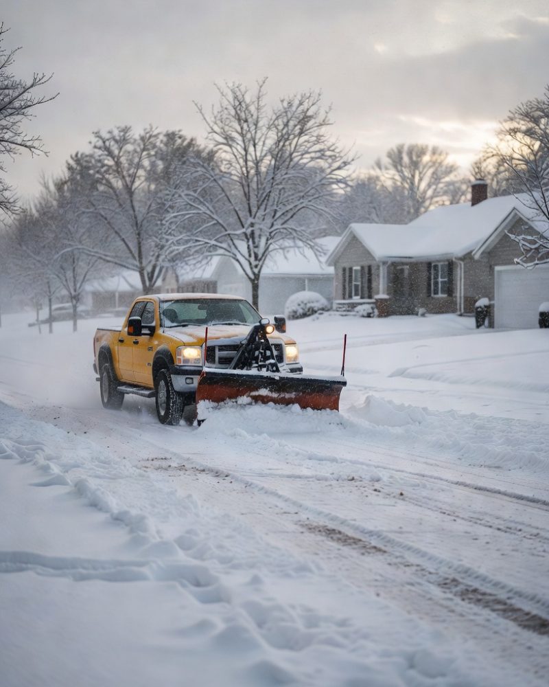 Cutting Edge Services truck plowing snow in a residential neighborhood